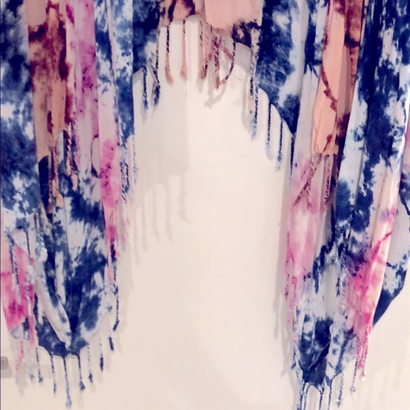 COTTON ON Pink Peach Blue Brown & White Boho Fringe Tie-Dye Hi-Low Kimono - Picture 3 of 4